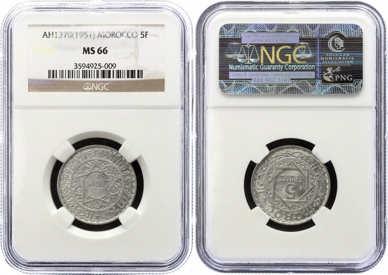 Morocco 5 Francs 1951 AH 1370 NGC MS 66
Y# 48; Mohammed V