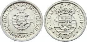 Saint Thomas & Prince 5 Escudos 1951
KM# 13; Silver; Mintage 72,000; UNC with Mint Luster