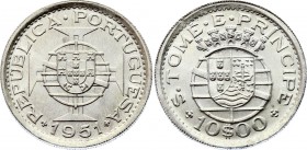 Saint Thomas & Prince 10 Escudos 1951
KM# 14; Silver; Mintage 40,000; UNC with Mint Luster