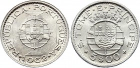 Saint Thomas & Prince 5 Escudos 1962
KM# 20; Silver; Mintage 88,000; UNC with Mint Luster