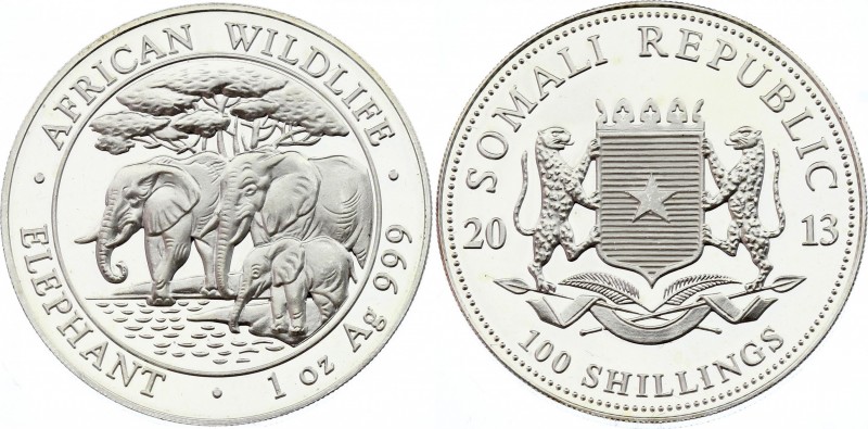 Somalia 100 Shillings 2013
Silver (.999) 31.10g 37mm Proof; African Wildlife - ...