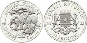 Somalia 100 Shillings 2013
Silver (.999) 31.10g 37mm Proof; African Wildlife - African Elephant