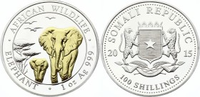 Somalia 100 Shillings 2015
Silver (.999) 31.10g 38.4mm Gold Plated; Proof; Wildlife - African Elephant