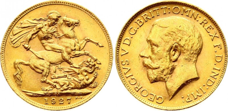 South Africa 1 Sovereign 1927 SA
KM# 21; Gold (.917) 7.99g 22mm; George V