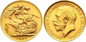 South Africa 1 Sovereign 1927 SA
KM# 21; Gold (.917) 7.99g 22mm; George V