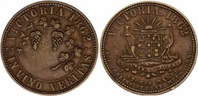 Australia T. Stokes Trade 1 Penny 1862 Token
Tn# F299, VF-XF; 34mm; Copper; Melbourne; Victoria; Australia; Scarce; VICTORIA 1862 IN VINO VERITAS, tw...