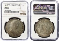 Bolivia 8 Reales 1818 PTS PJ NGC MS61
KM# 84. Silver, UNC. Rare in this grade.