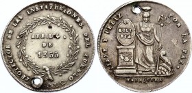 Bolivia Medal "Libre Y Feliz Por La Paz"
Silver 6.71g 26mm; Engraver: F. BAQUERA; Obv: A/LIBRE Y FELIZ POR LA PAZ; Rev: R/AL PROTECTOR DE LAS INSTITU...