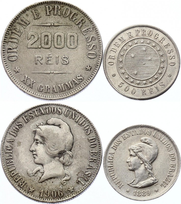 Brazil Lot of 2 Coins 1889 - 1906
500 Reis 1899 & 2000 Reis 1906; Silver