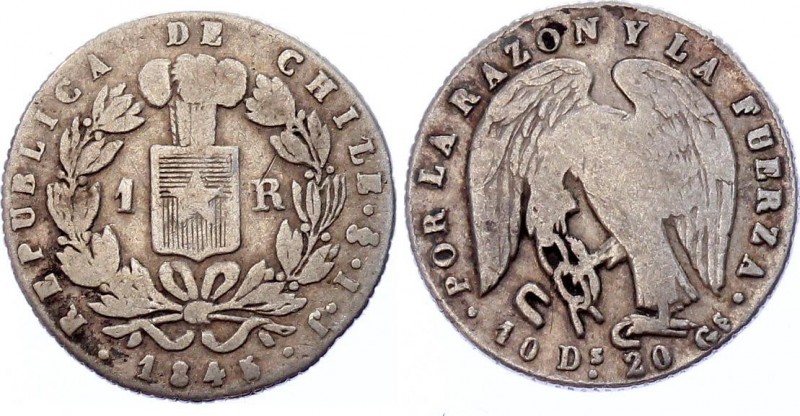 Chile 1 Real 1845 So IJ
KM# 94.2; Silver