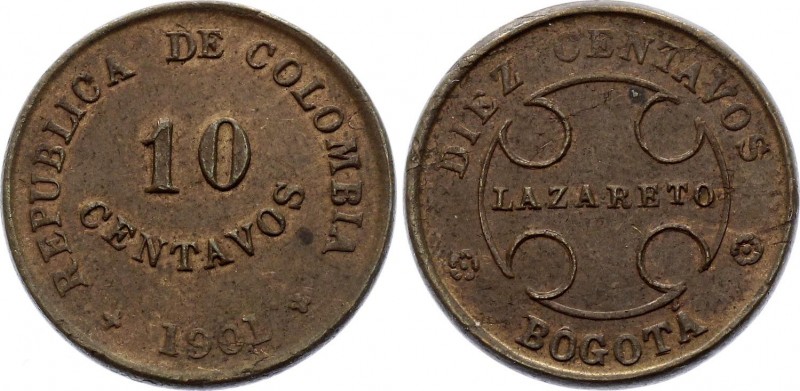 Colombia 10 Centavos 1901 B
KM# L3; Leprosarium Coinage; AUNC Mint Luster Remai...