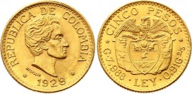 Colombia 5 Pesos 1928
KM# 204; Gold (.917), 7.98g. UNC. Error "MFDELLIN"
