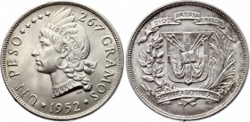 Dominican Republic 1 Peso 1952
KM# 22; Silver; Mintage 20.000 Pcs; UNC
