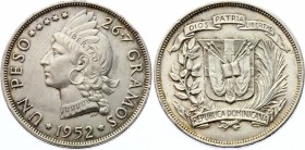 Dominican Republic 1 Peso 1952
KM# 22; Silver; Mintage 20.000 Pcs; XF+