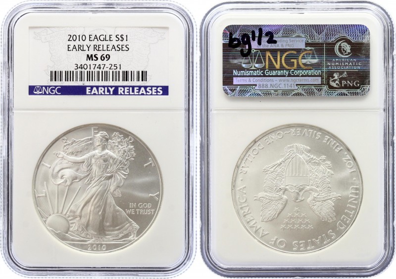 United States 1 Dollar 2010 NGC MS 69
KM# 273; Silver; "American Silver Eagle" ...