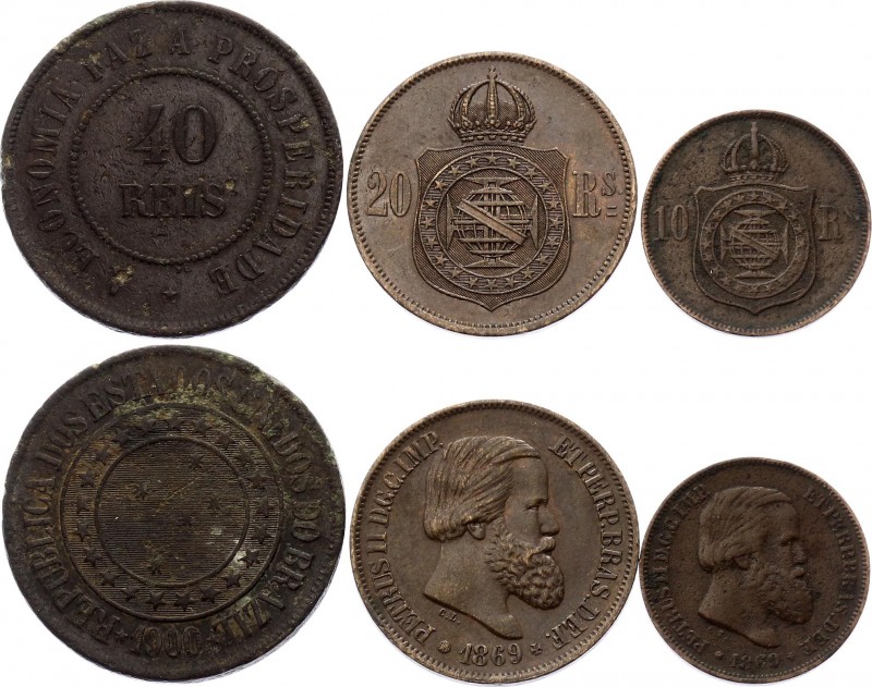 Brazil Lot of 3 Coins 1869 - 1900
10 20 40 Reis 1869 - 1900