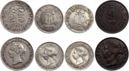 Ceylon & Mauritius Interesting Lot of 4 Coins
Queen Victoria. 10 Cents 1893, 1894, 25 Cents 1900 & 1 Cent 1884. Silver & Copper. XF.