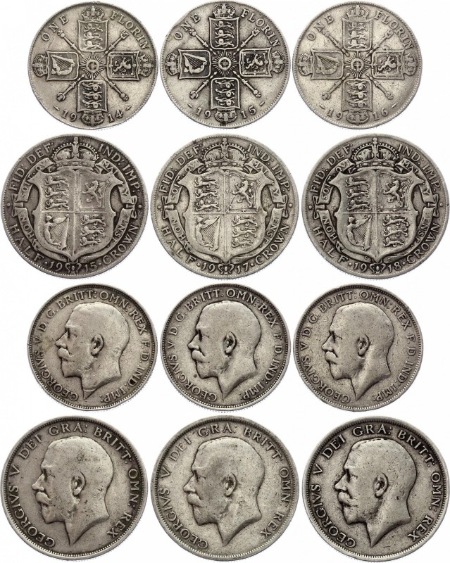 Great Britain Lot of 6 Coins 1914 - 1918
1 Florin & 1/2 Crown 1914 - 1918; Silv...