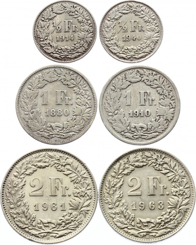 Switzerland Lot of 6 Coins 1880 - 1963
1/2 1 2 Francs 1880 - 1963; Silver