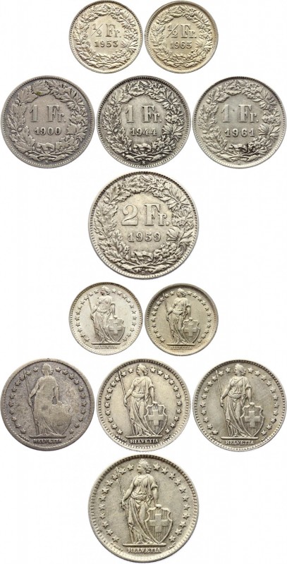 Switzerland Lot of 6 Coins 1900 - 1965
1/2 1 2 Francs 1900 - 1965; Silver