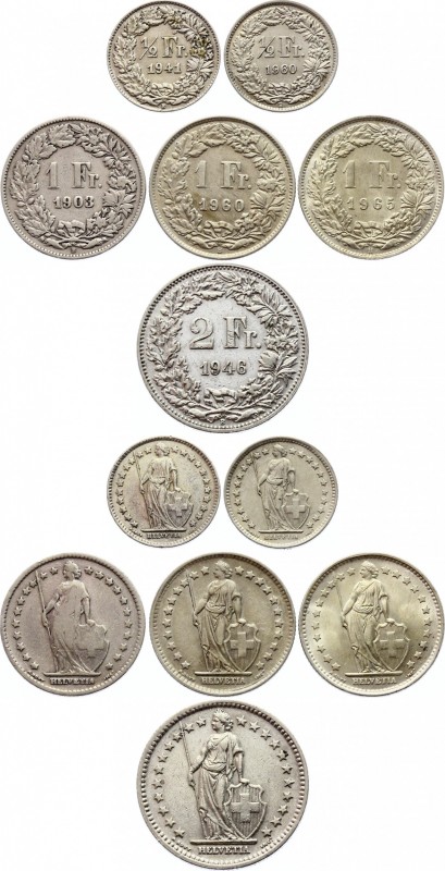 Switzerland Lot of 6 Coins 1903 - 1965
1/2 1 2 Francs 1903 - 1965; Silver