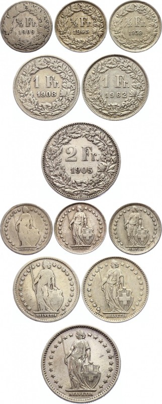 Switzerland Lot of 6 Coins 1905 - 1962
1/2 1 2 Francs 1905 - 1962; Silver