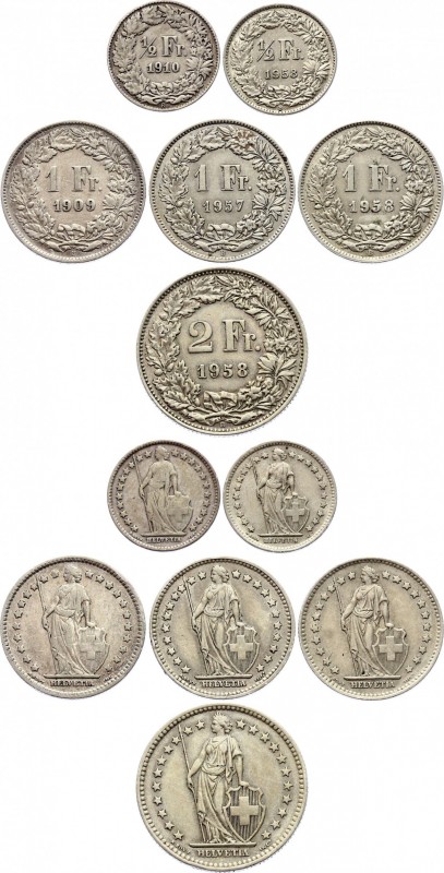Switzerland Lot of 6 Coins 1909 - 1958
1/2 1 2 Francs 1909 - 1958; Silver