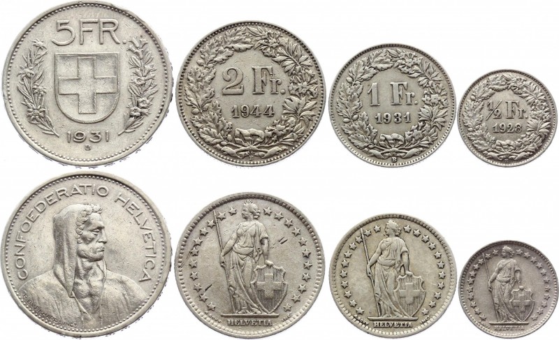 Switzerland Lot of 4 Coins 1928 - 1944
1/2 1 2 5 Francs 1928 - 1944; Silver