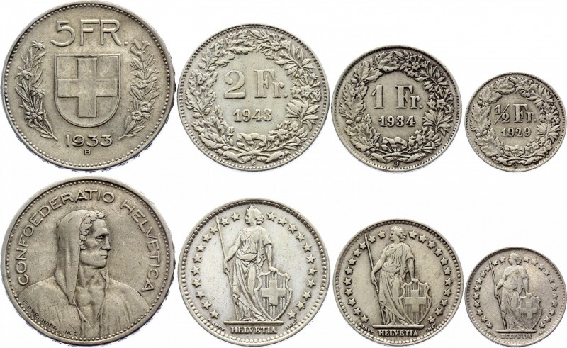 Switzerland Lot of 4 Coins 1929 - 1943
1/2 1 2 5 Francs 1929 - 1943; Silver