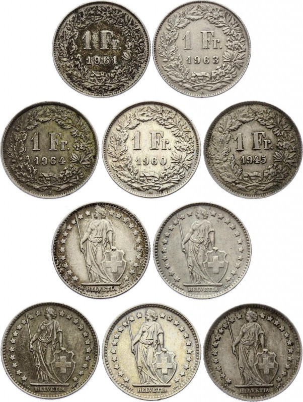 Switzerland Lot of 5 Coins 1 Franc 1945 - 1964
Silver; Different Dates