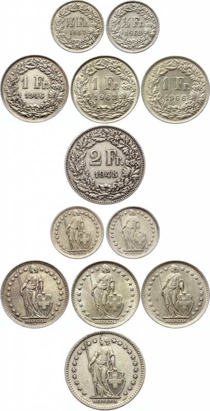 Switzerland Lot of 6 Coins 1945 - 1966
1/2 1 2 Francs 1945 - 1966; Silver