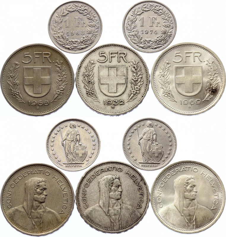 Switzerland Lot of Coins
5 pcs, Silver 5 Francs 1932 and 1969