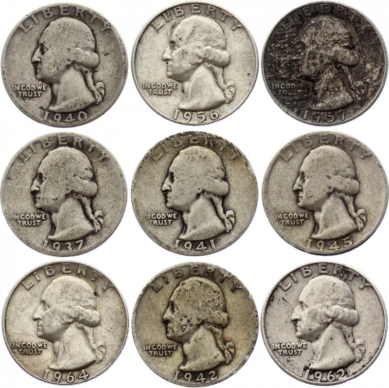 United States Lot of 9 Coins Quarter Dollar 1937 - 1964
Silver; Different Dates...