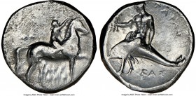 CALABRIA. Tarentum. Ca. early 3rd century BC. AR stater or didrachm (21mm, 1h). NGC Choice Fine. Ca. 302-280 BC. Arethon, Sa- and Cas-, magistrates. H...