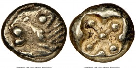 IONIA. Miletus. Ca. 600-550 BC. EL 1/12 stater or hemihecte (8mm, 1.10 gm). NGC Choice XF 5/5 - 4/5. Milesian standard. Lion's head left / Quadriparti...