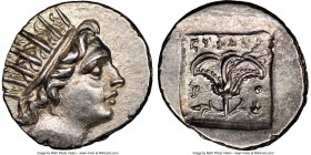 CARIAN ISLANDS. Rhodes. Ca. 88-84 BC. AR drachm (14mm, 12h). NGC Choice AU. Plinthophoric standard, Euphanes, magistrate. Radiate head of Helios right...