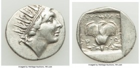 CARIAN ISLANDS. Rhodes. Ca. 88-84 BC. AR drachm (16mm, 2.22 gm, 12h). Choice VF. Plinthophoric standard, Lysimachus, magistrate. Radiate head of Helio...