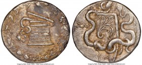 LYDIA. Sardes. Ca. 166-128 BC. AR cistophorus (26mm, 12h). NGC XF Ca. 150-135 BC. Serpent emerging from cista mystica; all within ivy wreath / Bow in ...