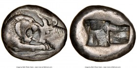LYDIAN KINGDOM. Croesus (561-546 BC). AR half-stater or siglos (15mm). NGC VF. Sardes mint. Confronted foreparts of lion facing right and bull facing ...