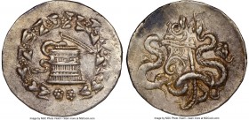 PHRYGIA. Apameia. Ca. 166-133 BC. AR cistophorus (29mm, 1h). NGC XF. Ca. 150-140 BC. Serpent emerging from cista mystica; all within ivy wreath / Bow ...
