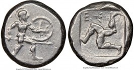 PAMPHYLIA. Aspendus. Ca. mid-5th century BC. AR stater (21mm, 11h). NGC XF. Helmeted nude hoplite warrior advancing right, shield in left hand, spear ...