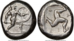 PAMPHYLIA. Aspendus. Ca. mid-5th century BC. AR stater (19mm, 1h). NGC XF. Helmeted nude hoplite advancing right, shield in left hand, spear forward i...