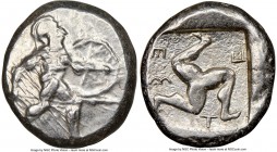 PAMPHYLIA. Aspendus. Ca. mid-5th century BC. AR stater (21mm, 9h). NGC Choice VF. Helmeted nude hoplite advancing right, shield in left hand, spear fo...