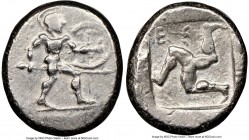 PAMPHYLIA. Aspendus. Ca. mid-5th century BC. AR stater (22mm, 11h). NGC Choice VF. Helmeted nude hoplite warrior advancing right, shield in left hand,...