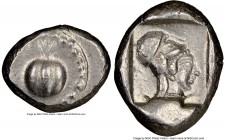 PAMPHYLIA. Side. Ca. 5th century BC. AR stater (22mm, 9h). NGC Choice XF. Ca. 430-400 BC. Pomegranate; guilloche beaded border / Head of Athena right,...