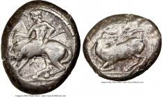 CILICIA. Celenderis. Ca. 425-350 BC. AR stater (19mm, 3h). NGC VF. Persic standard, ca. 425-400 BC. Youthful nude male rider, reins in right hand, ken...