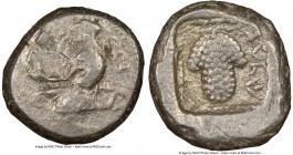 CILICIA. Soloi. Ca. 440-400 BC. AR stater (20mm, 11h). NGC VF. Amazon, nude to waist, on one knee left, wearing pointed cap, bowcase attached to belt,...