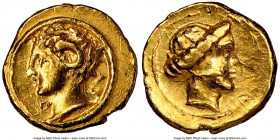 CYRENAICA. Cyrene. Ca. 331-313 BC. AV 1/10 stater (8mm, 0.85 gm, 1h). NGC AU 5/5 - 4/5. Head of Carneius left, with ram's horn / Head of Libya left, h...