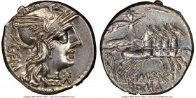 C. Aburius Geminus (ca. 132 BC). AR denarius (18mm, 3.94 gm, 1h). NGC MS 4/5 - 5/5, adjusted flan. Rome. GEM, head of Roma right, wearing winged helme...