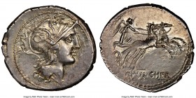 C. Claudius Pulcher (110-109 BC). AR denarius (21mm, 3.56 gm, 11h). NGC MS 4/5 - 4/5. Rome. Head of Roma right wearing winged helmet decorated with ci...